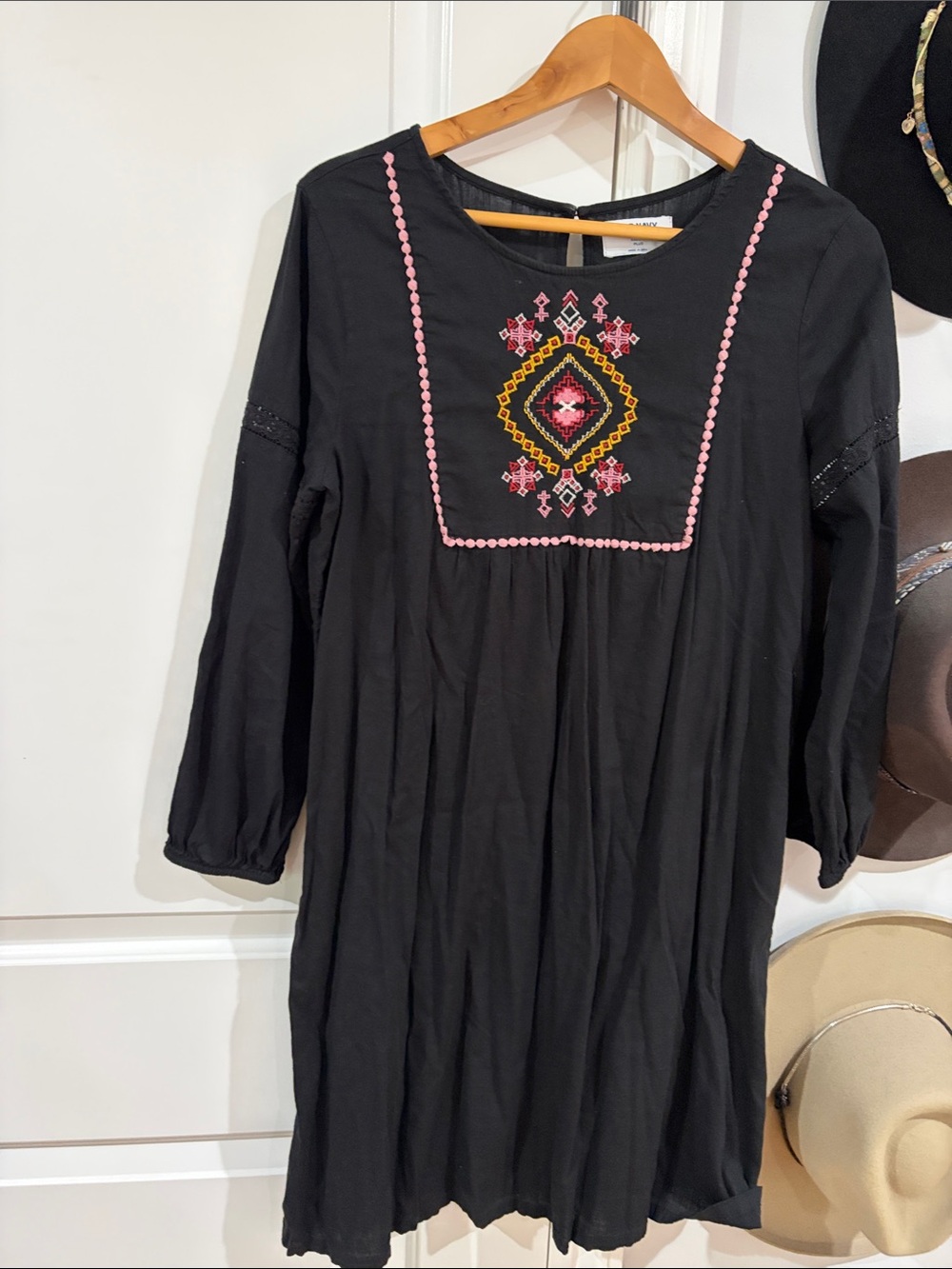 Old Navy Black Long-Sleeve Embroidered Dress with Pink & Yellow Accents